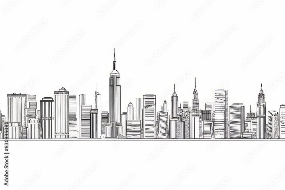 Modern cityscape continuous one line vector drawing. Metropolis architecture panoramic landscape. New York skyscrapers hand drawn silhouette. Apartment buildings isolated minimalistic illustration 