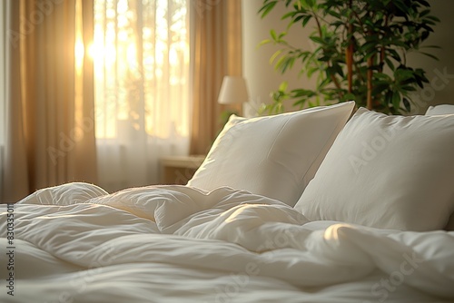 Cozy bedroom with morning sun shining through © gearstd