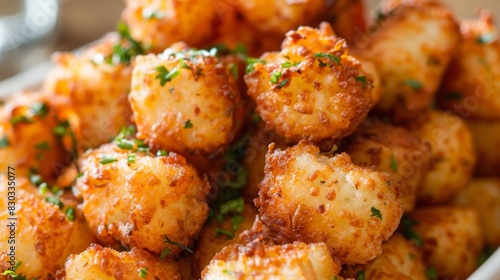 A tater tots close up, food design, dynamic, dramatic compositions, with copy space. photo