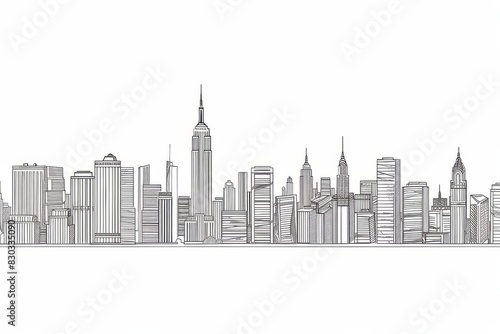 Modern cityscape continuous one line vector drawing. Metropolis architecture panoramic landscape. New York skyscrapers hand drawn silhouette. Apartment buildings isolated minimalistic illustration 