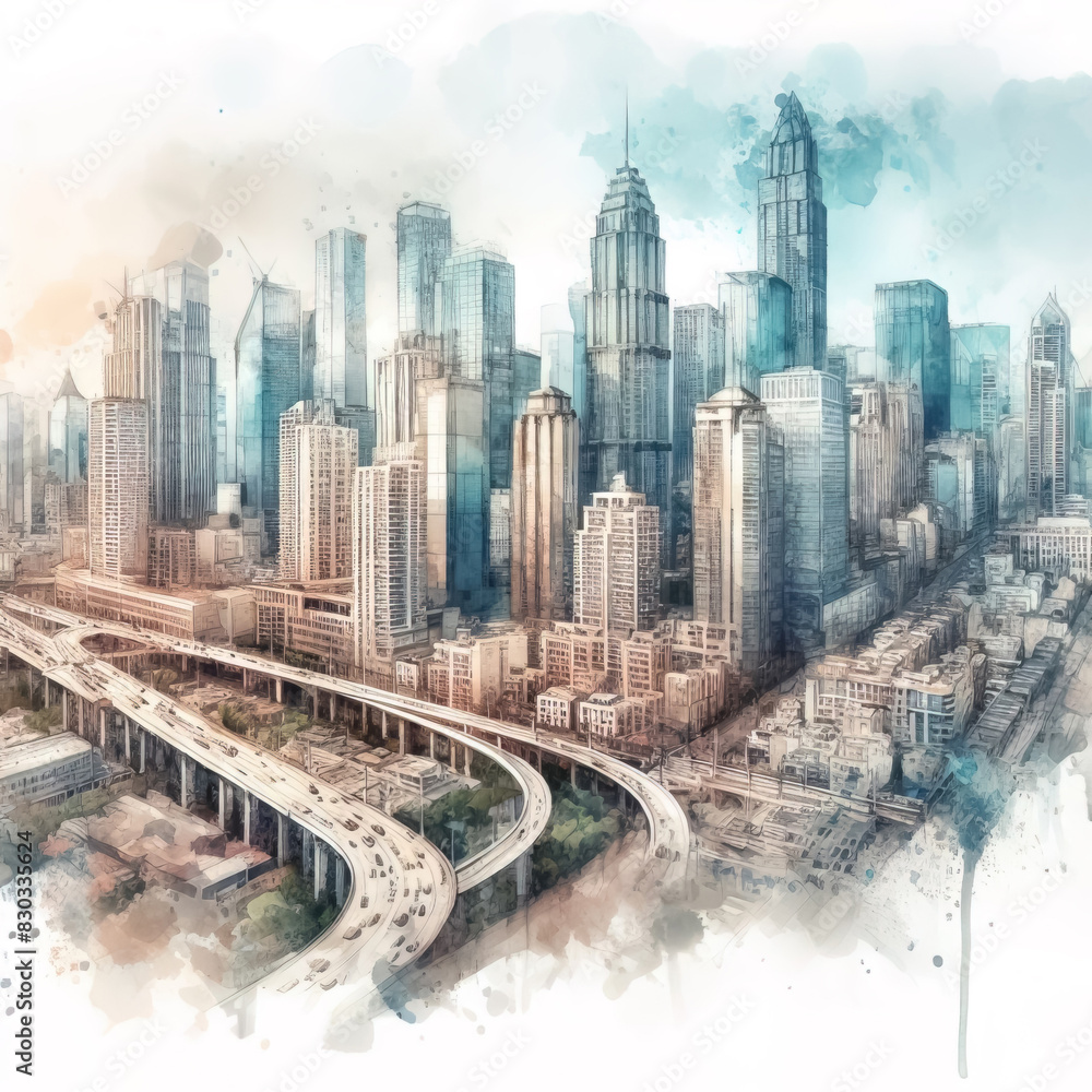 Beautiful modern city, watercolor painting