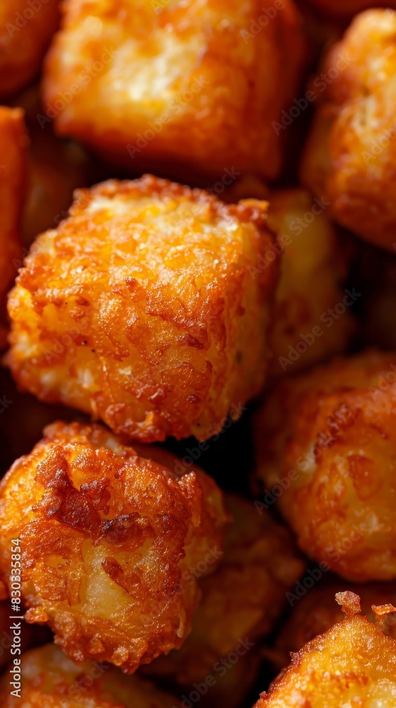 A tater tots close up, food design, dynamic, dramatic compositions, with copy space. A tater tots close up, food design, dynamic, dramatic compositions, with copy space.