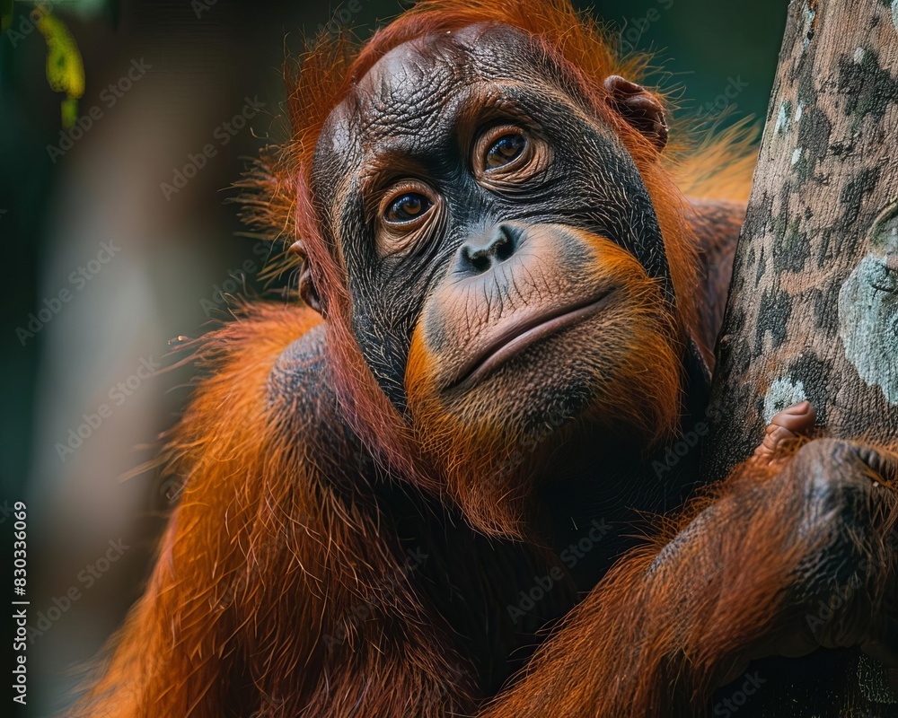 Fototapeta premium A closeup portrait of an orangutan with a thoughtful expression, resting in the crook of a tree in the dense rainforest