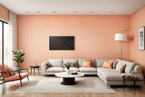 Living Room in Trendy Peach Fuzz Color for 2024  Pastel Wall Accent with Ivory Shades and Creamy White Luxury Furniture