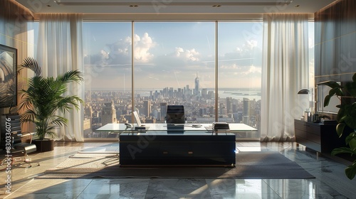 A chic office space with a simple glass desk  a classic black chair and a large window revealing a cityscape. 