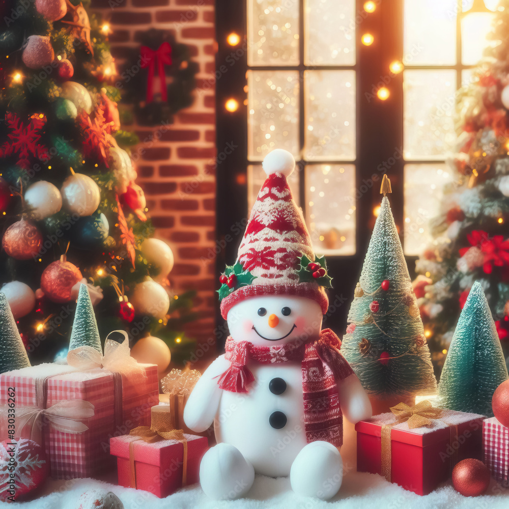 Christmas trees and snow man, beautiful Christmas concept Christmas trees and snow man, beautiful Christmas concept