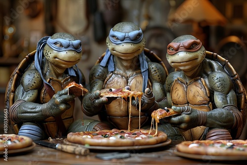 Realistic Ninja Turtles enjoying Pizza Feast - HD Design Concept Illustration with Detailed Drawing and Vivid Finesse