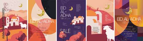 Eid al-Adha Eid Mubarak. Vector modern illustration of mosque, lamb, landscape, abstract pattern, crescent, nature for greeting card, Islamic background, poster or sale flyer © Ardea-studio