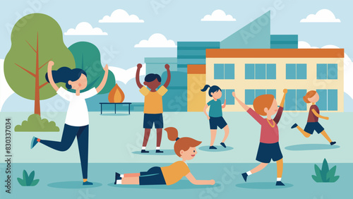 In the school courtyard students are seen doing jumping jacks pushups and burpees as part of the fitness challenges circuit training station.. Vector illustration