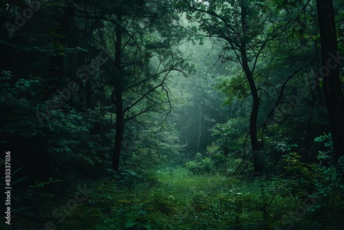 mysterious dark forest with lush green trees and moody atmosphere enchanting landscape