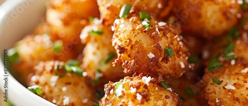 A tater tots close up, food design, dynamic, dramatic compositions, with copy space. photo