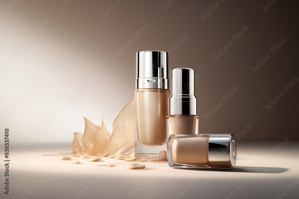 Bottles of makeup foundation and samples on beige background. Cosmetic ...