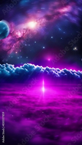 Cosmic fantasy landscape with nebulas, clouds, galaxies and mountains, colorful vertical backgrounds