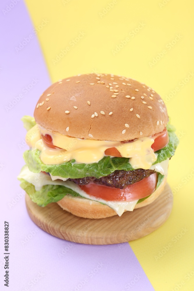 Burger with delicious patty on color background