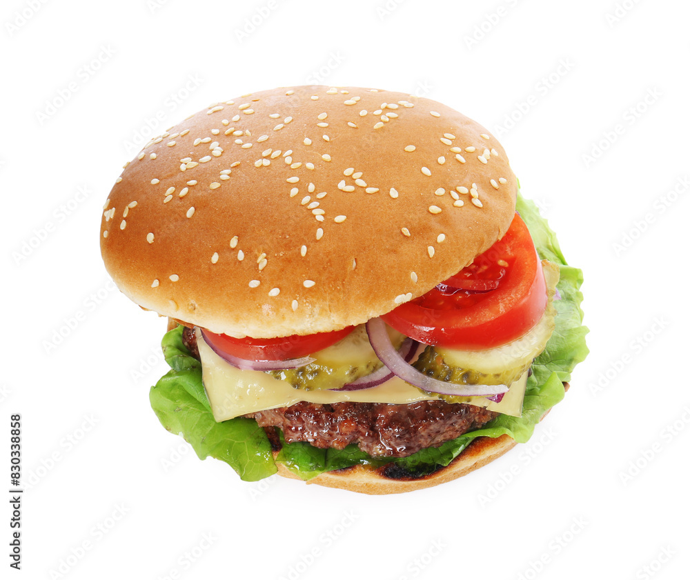 Burger with delicious patty isolated on white Burger with delicious patty isolated on white