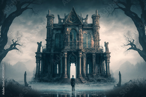 Enigmatic monk standing front of Haunted scarry Castle photo
