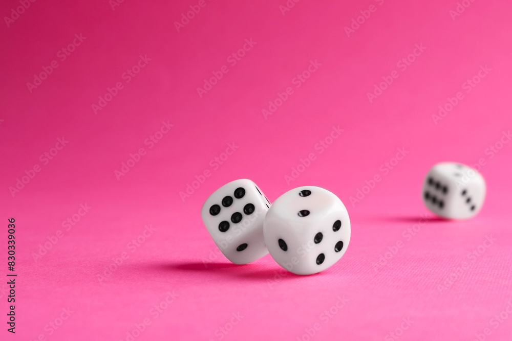 Many white game dices falling on pink background. Space for text Many white game dices falling on pink background. Space for text