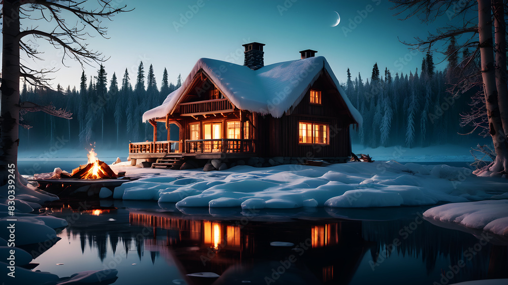 A wooden cottage situated near a frozen lake, with a campfire burning on the shore. The moonlight reflects off the icy surface of the lake, creating a serene, mystical atmosphere. The cottage's window