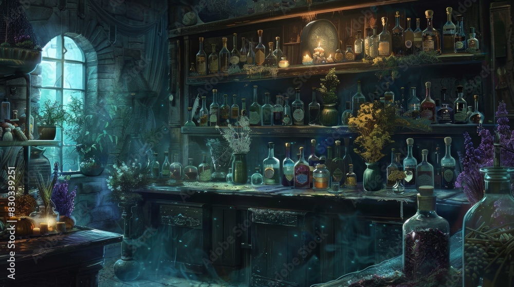 Mysterious Alchemist's Lab with Potion Bottles and Magical Aura