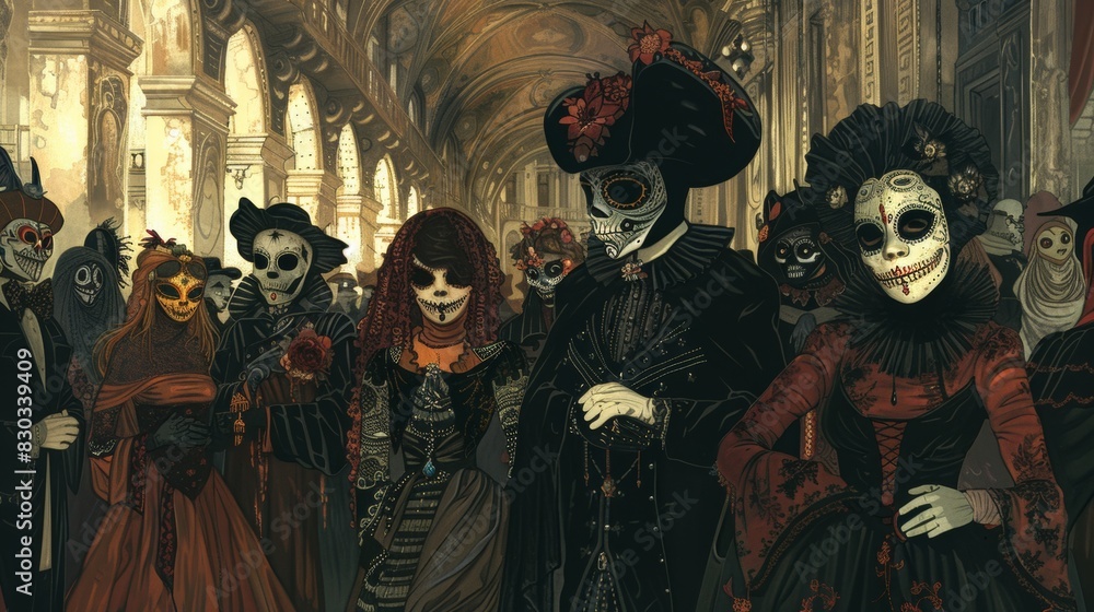 Ornate Masquerade Ball with Skeleton Masks in Historical Hall