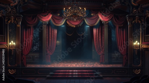 Elegant Vintage Theater Stage with Red Curtains and Chandelier photo