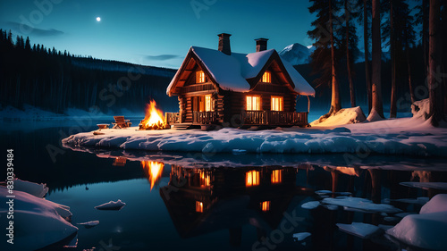 A wooden cottage situated near a frozen lake  with a campfire burning on the shore. The moonlight reflects off the icy surface of the lake  creating a serene  mystical atmosphere. The cottage s window