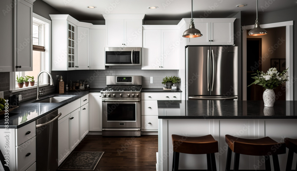 © lali - Beautiful contemporary kitchen with white cabinetry and stainless steel appliances © lali - Beautiful contemporary kitchen with white cabinetry and stainless steel appliances