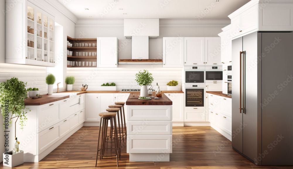 Fototapeta premium Beautiful Luxury Kitchen Interior in white with wooden floor and kitchen island