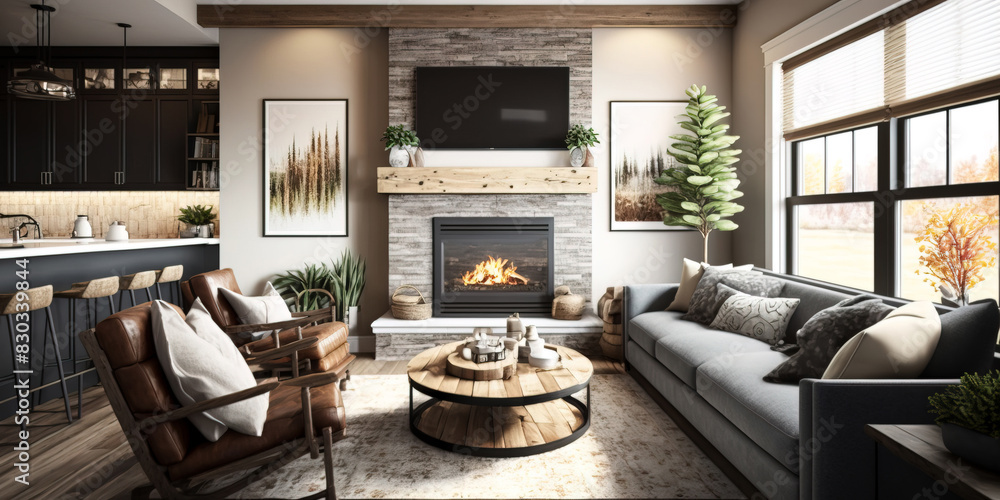Warm and Inviting Family Room with Soft Textiles, Fireplace and Picture Windows Warm and Inviting Family Room with Soft Textiles, Fireplace and Picture Windows