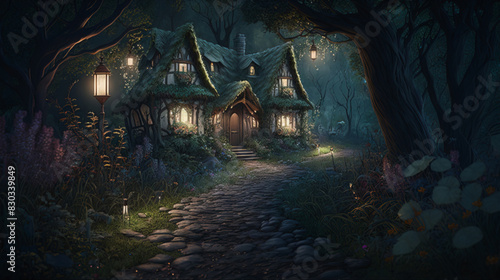 Unbelievable woodland illuminated by brilliant lights. Surreal mystical fantasy artwork