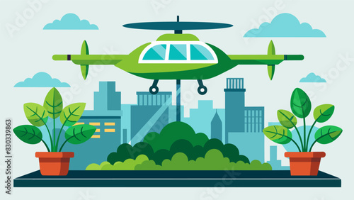 The rooftop comes alive as an eVTOL lands its landing pad blanketed in vibrant greenery and its innovative aeroponic irrigation system providing water and nutrients to the plants.. Vector illustration