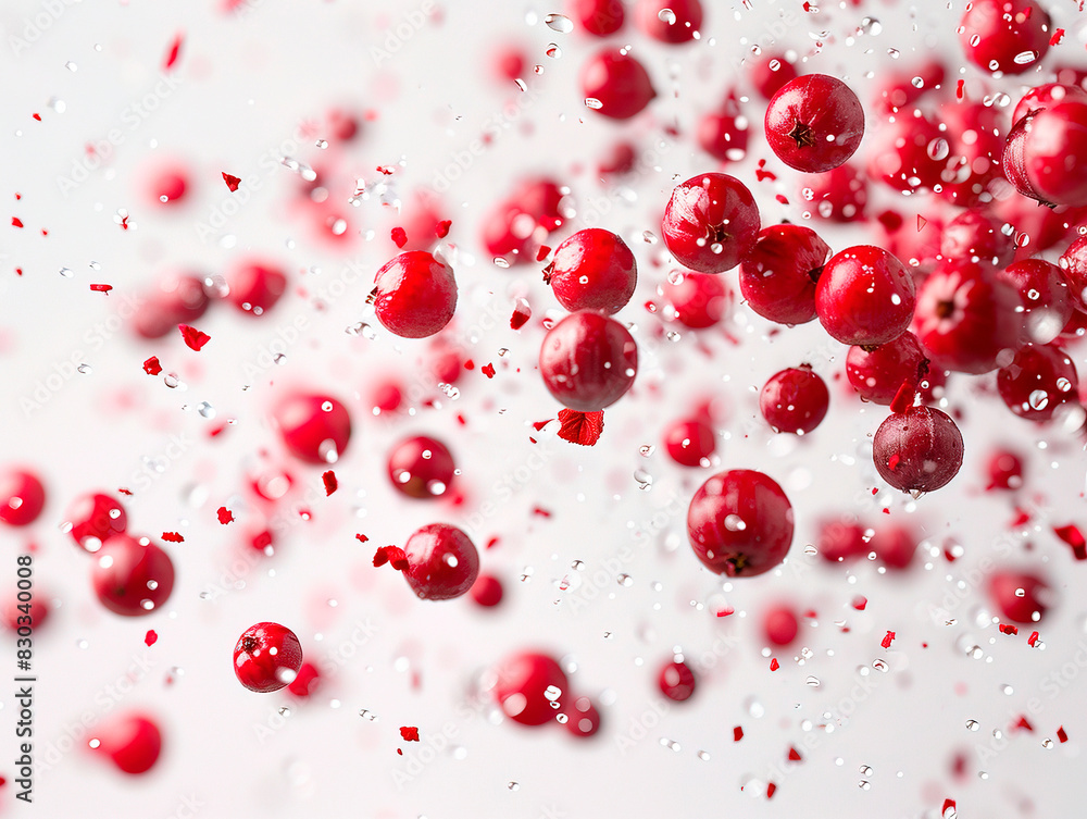 Cranberry isolated. Cranberries flying on white background. Cranberry berries with leaf falling. Full depth of field. Cranberry isolated. Cranberries flying on white background. Cranberry berries with leaf falling. Full depth of field.