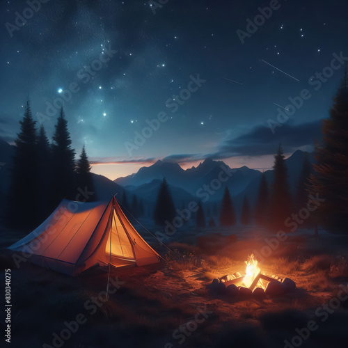 A tent near a campfire outside in the mountains © lali