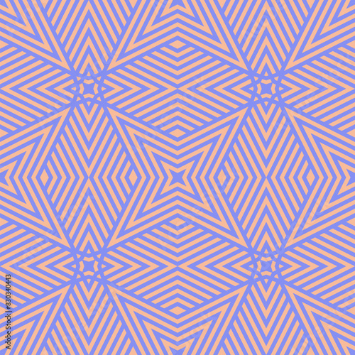 Vector geometric lines seamless pattern. Modern funky texture with stripes, broken lines, chevron, star. Simple geometry. Trendy bright purple and peach color background. Repeated decorative design