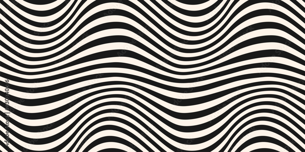 Groovy vector seamless pattern with curved lines, wavy stripes, fluid shapes. Abstract distorted background. Dynamical rippled texture, 3D effect, illusion of movement. Black and white repeated design Groovy vector seamless pattern with curved lines, wavy stripes, fluid shapes. Abstract distorted background. Dynamical rippled texture, 3D effect, illusion of movement. Black and white repeated design
