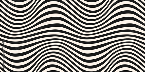 Groovy vector seamless pattern with curved lines, wavy stripes, fluid shapes. Abstract distorted background. Dynamical rippled texture, 3D effect, illusion of movement. Black and white repeated design