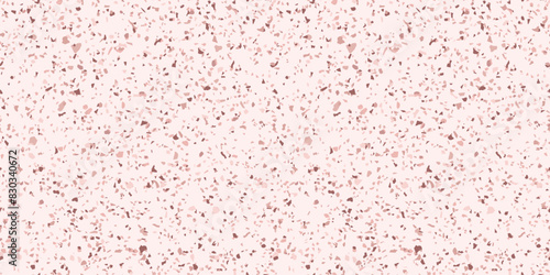 Rose gold terrazzo seamless pattern. Vector texture of realistic mosaic floor with natural stones, granite, marble, quartz, limestone, concrete. Trendy geo background in pastel colors, pink, copper
