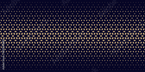 Vector halftone seamless pattern. Gold and black texture with gradient transition effect. Golden luxury geometric background with floral shapes, falling petals, mesh, lattice. Abstract repeat design