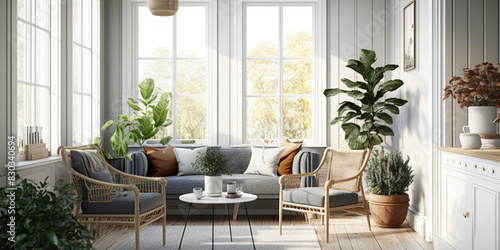 Bright and airy sunroom with wicker furniture and indoor plants © lali