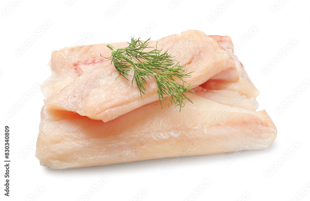 Pieces of raw cod fish and dill isolated on white Pieces of raw cod fish and dill isolated on white