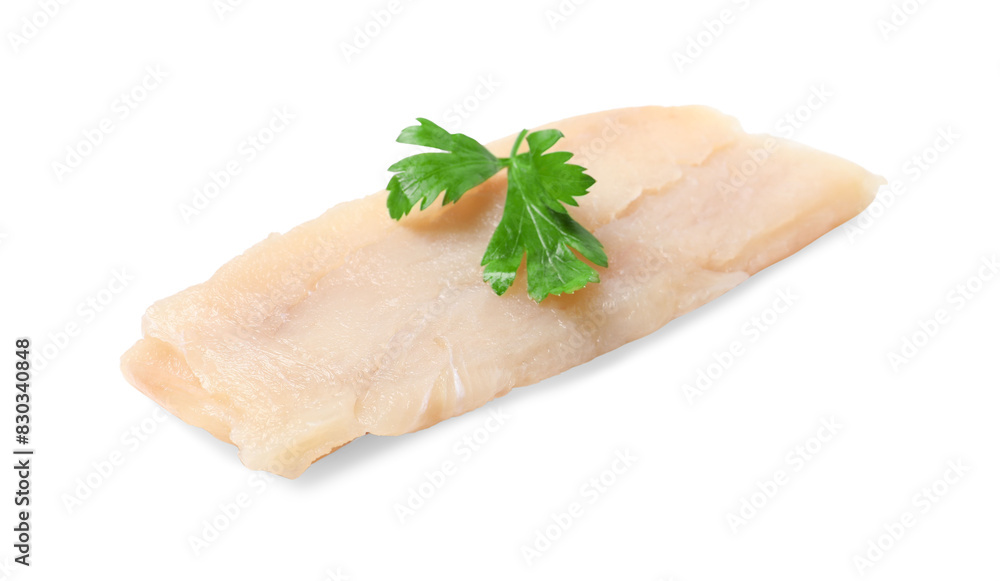 Piece of raw cod fish and parsley isolated on white Piece of raw cod fish and parsley isolated on white