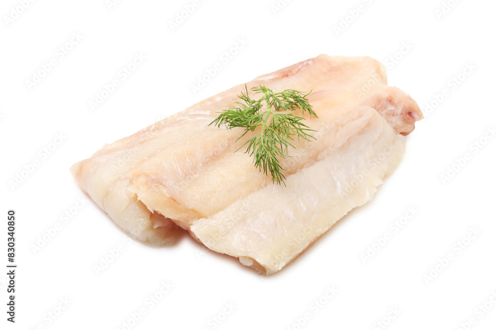 Pieces of raw cod fish and dill isolated on white Pieces of raw cod fish and dill isolated on white