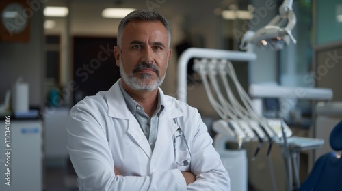 A portrait of a dentist in a dental clinic, wearing a white coat and holding dental tools
