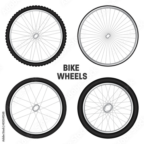 Realistic 3d bicycle wheels. Bike rubber tyres, shiny metal spokes and rims. Fitness cycle, touring, sport, road and mountain bike. Vector illustration