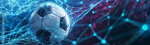 Soccer ball that is in a net with blue lights photo