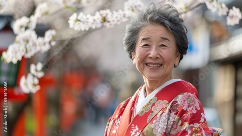 Smiling woman in traditional kimono enjoying hanami (cherry blossom viewing)