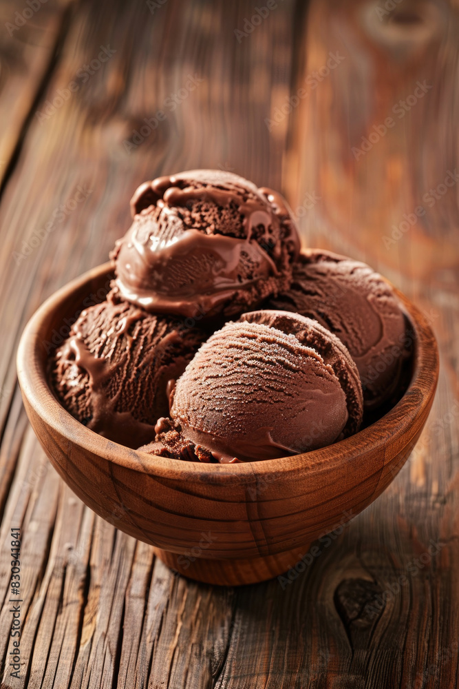 Bowl of Chocolate Ice Cream on a Wooden Table with Space for Copy Bowl of Chocolate Ice Cream on a Wooden Table with Space for Copy