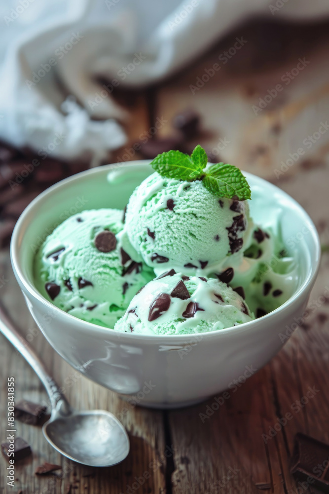 Bowl of Mint Chocolate Chip Ice Cream on a Wooden Table with Space for Copy Bowl of Mint Chocolate Chip Ice Cream on a Wooden Table with Space for Copy