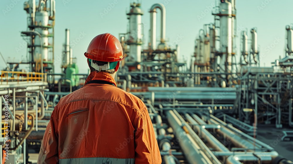 A man in an orange hard hat stands in front of a large industrial plant. Concept of industrial activity and the importance of safety in such environments A man in an orange hard hat stands in front of a large industrial plant. Concept of industrial activity and the importance of safety in such environments