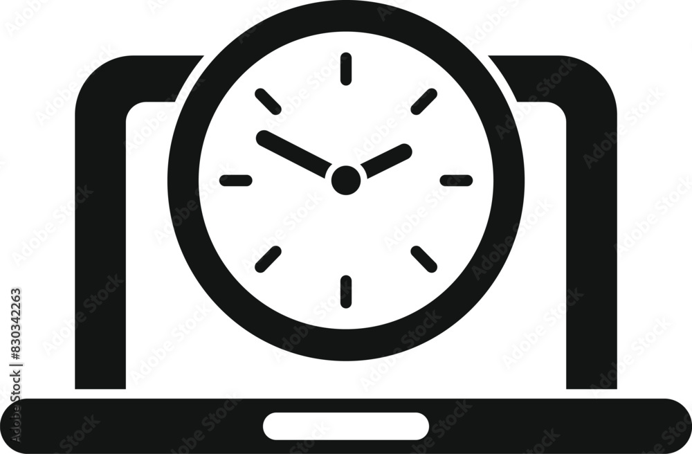 Black and white vector illustration of a laptop displaying a clock, representing productivity and scheduling Black and white vector illustration of a laptop displaying a clock, representing productivity and scheduling